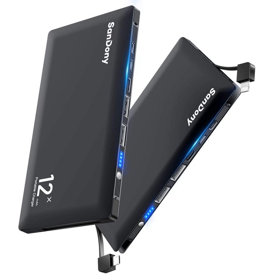 モバイルバッテリー スマホ充電器 ケーブル内蔵 大容量 12000mAh 小型 急速充電器 残量表示