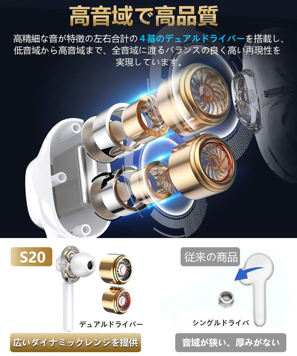 Bluetooth イヤホン 【業界新設計 デュアルドライバー 高音質